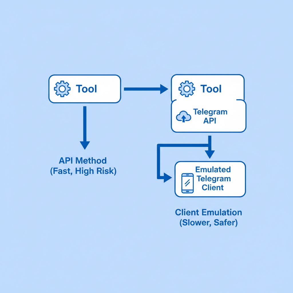 Diagram comparing API-based and client-based Telegram sending methods, showing how client emulation adds a layer of safety against detection.