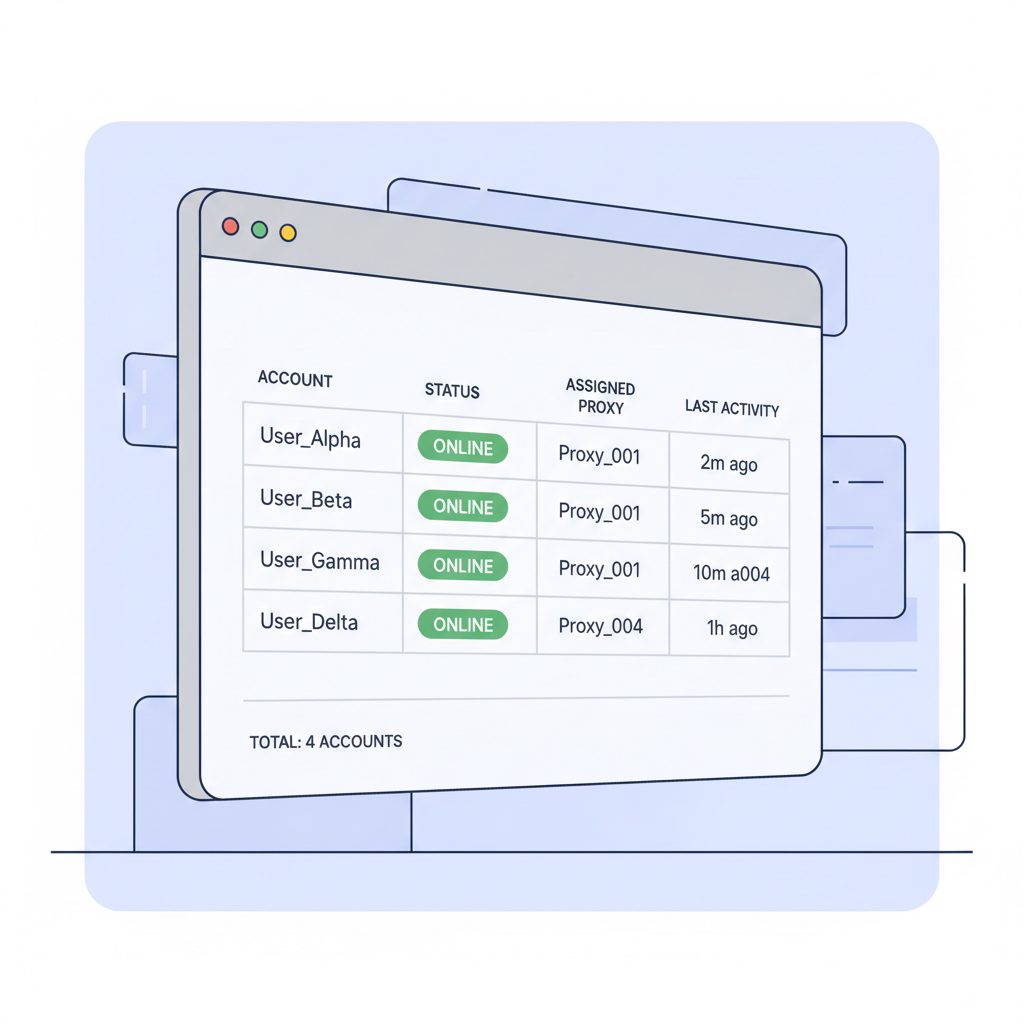 A stylized interface of a Telegram multi-account management software, showing a clean list of accounts with columns for status, assigned proxy, and last activity.