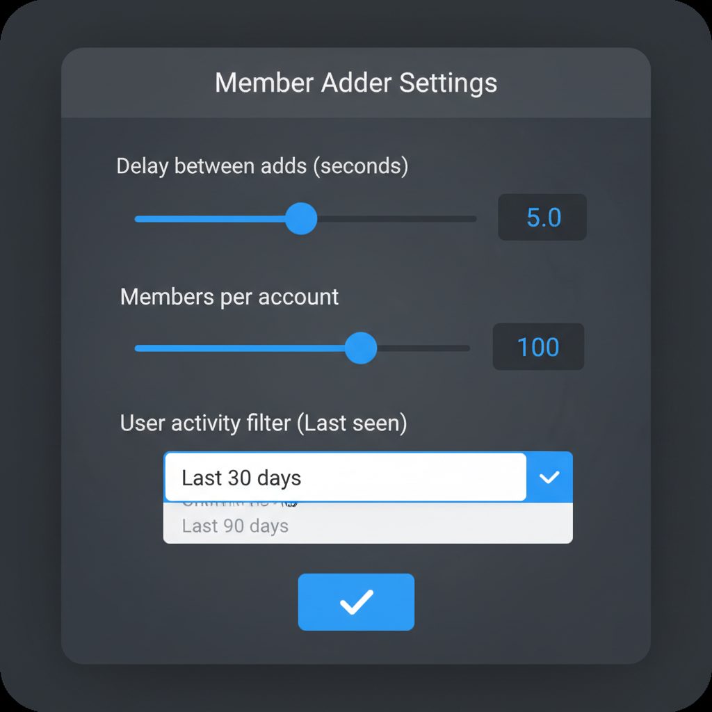 A mockup of a software settings panel for a Telegram member adder, with controls for delays, members per account, and user activity filters.