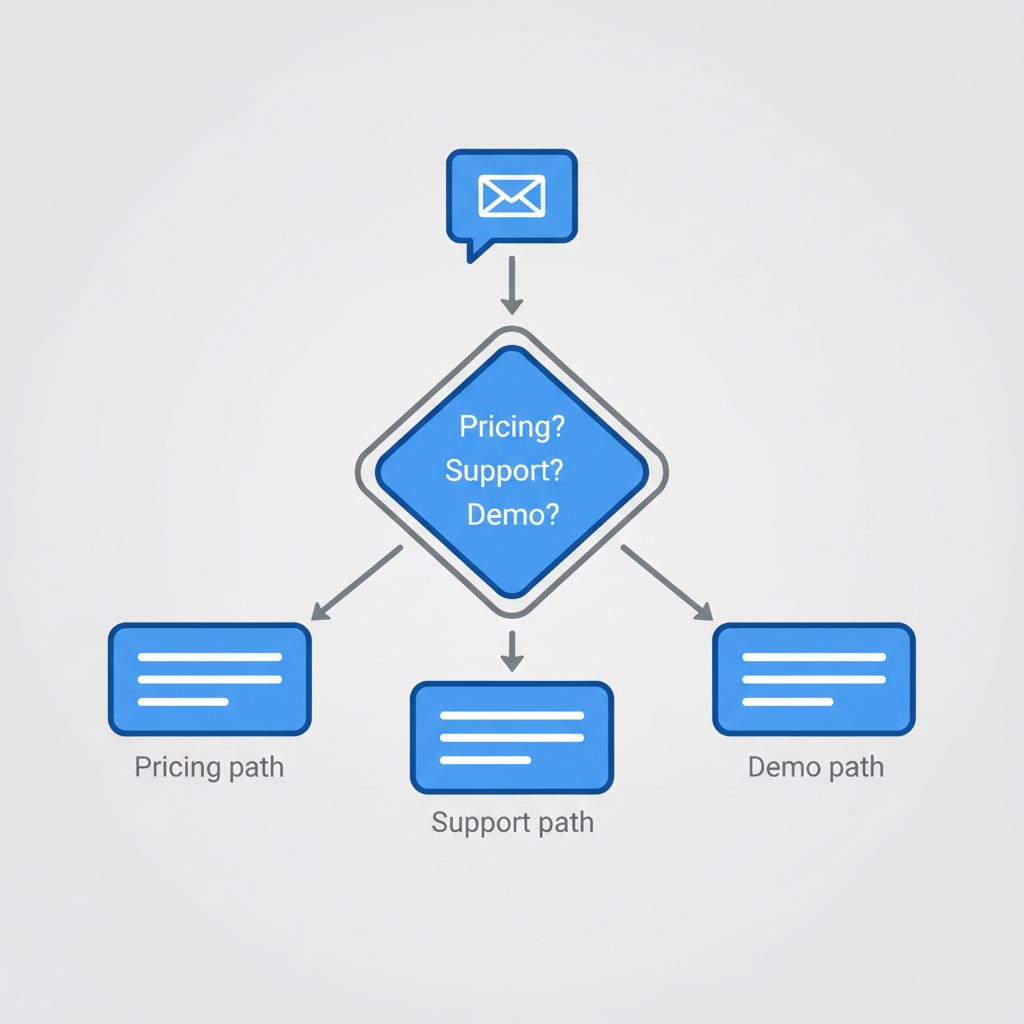 Flowchart showing a Telegram auto-reply bot's decision tree based on keywords like 'pricing', 'support', and 'demo'.