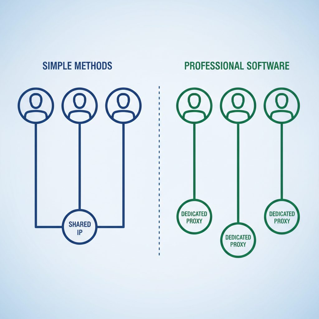 A diagram comparing simple methods vs professional software for managing multiple Telegram accounts. Simple methods show many accounts funneled through one IP. Professional software shows each account with a dedicated proxy.