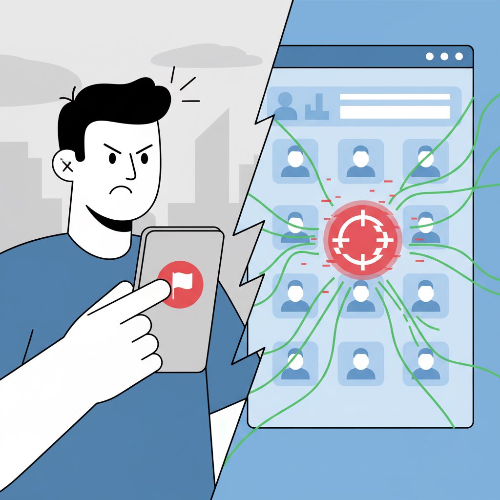 An illustration comparing manual reporting on a phone to an automated mass report tool dashboard managing multiple accounts.