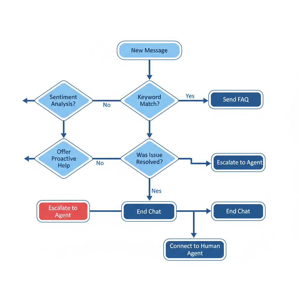 Flowchart of a complex chatbot decision tree with nodes for user input, logic, and replies.