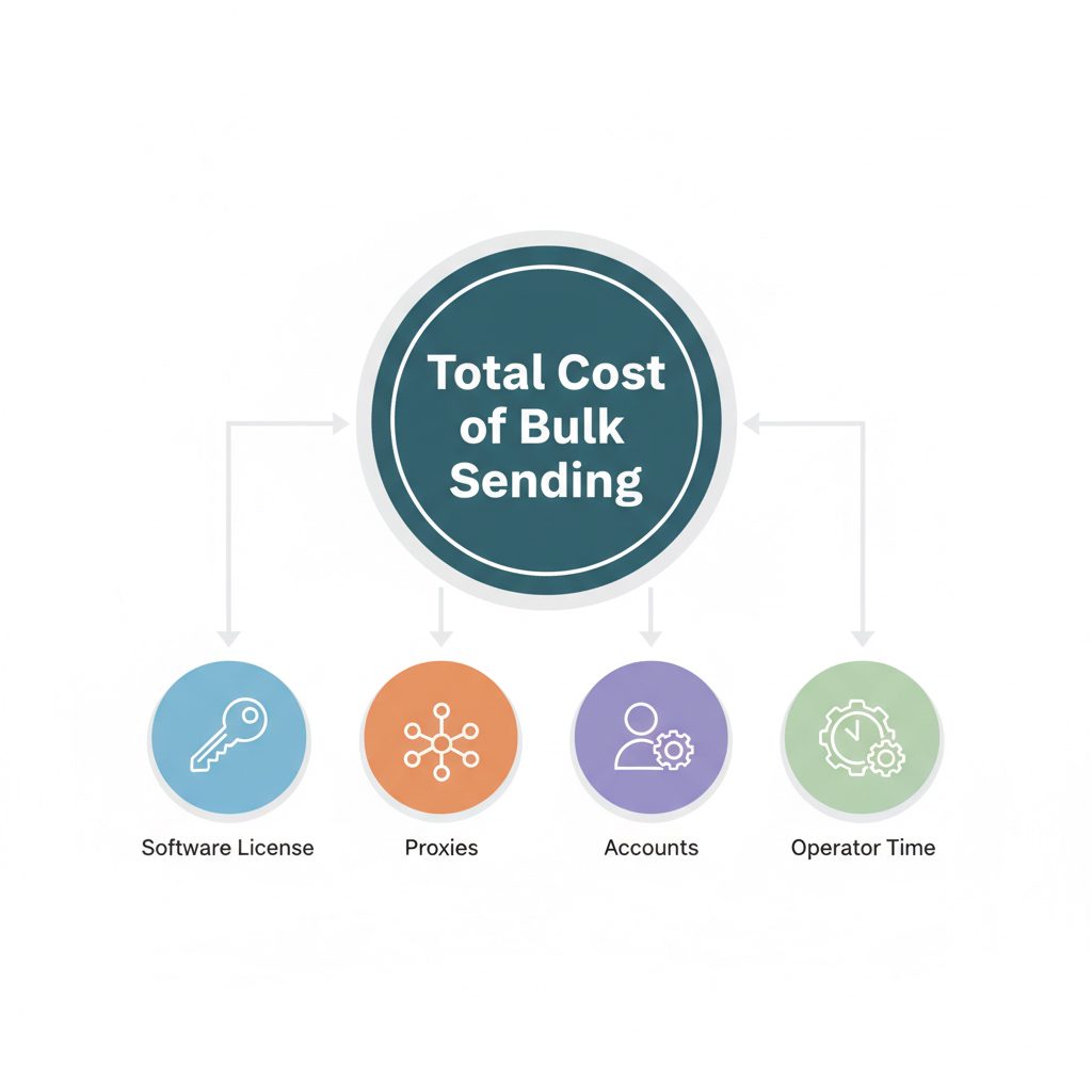 Infographic illustrating the total cost of ownership for a Telegram bulk sender, including the software license, proxies, accounts, and operator time.