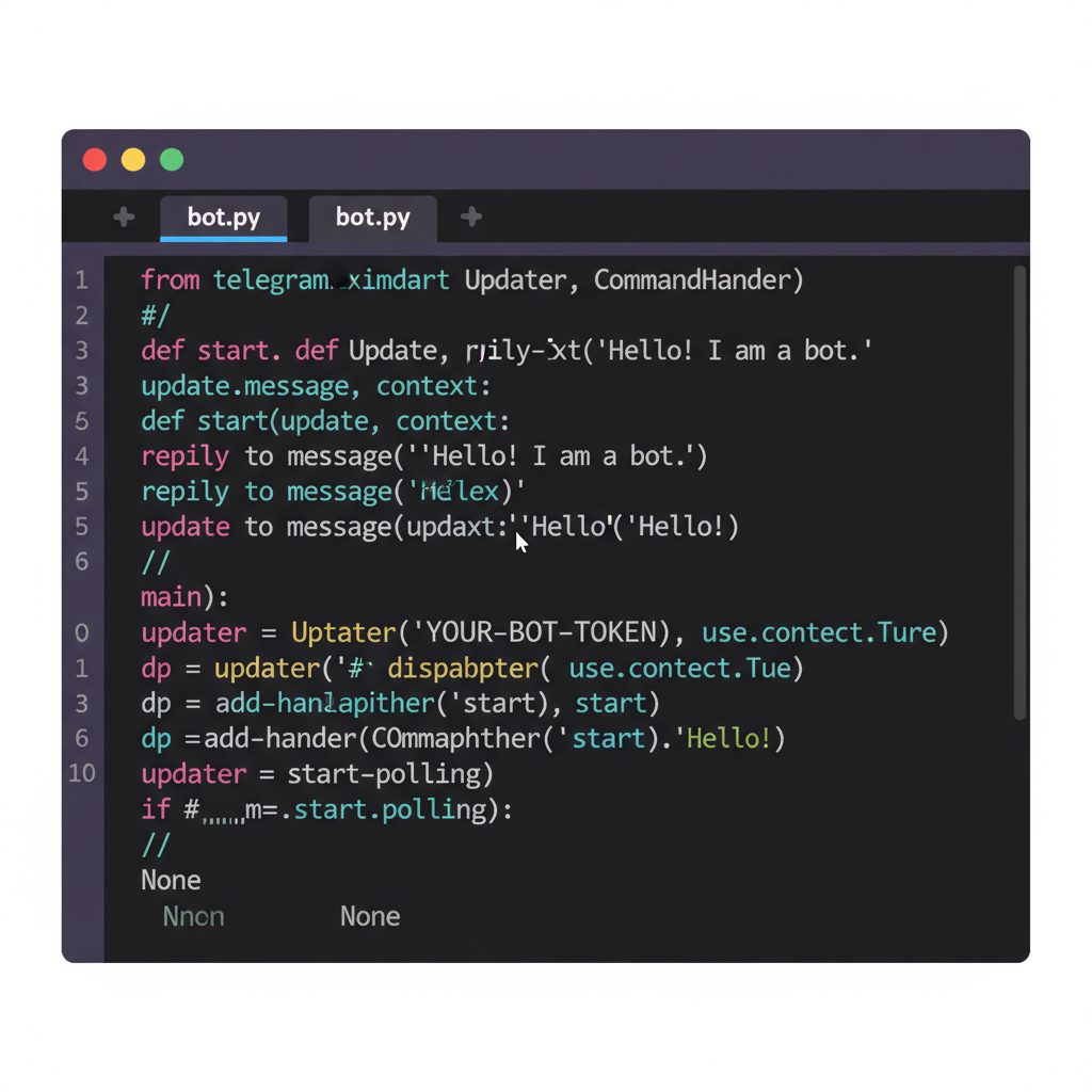 A code snippet showing a basic Python function using the 'python-telegram-bot' library to handle an incoming message and send a reply.