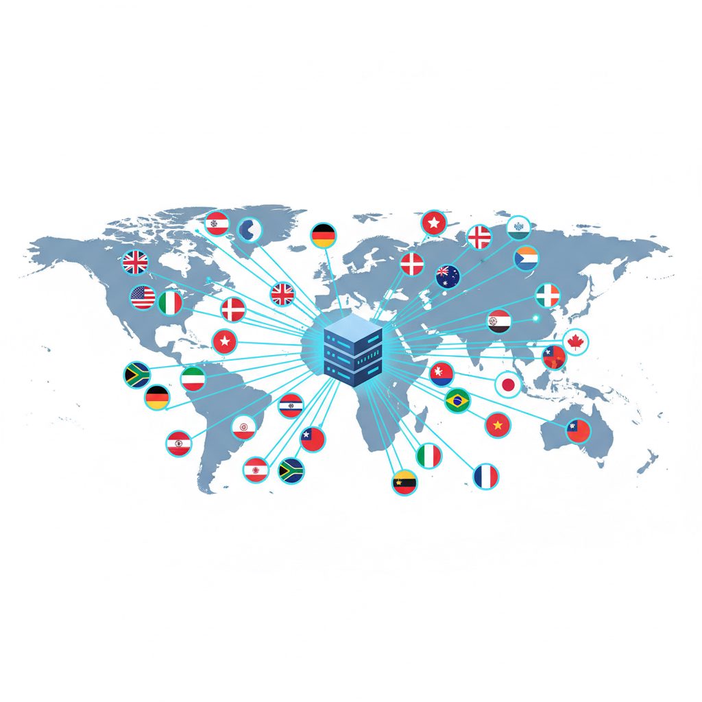 A diagram showing how a mass report tool uses proxies from different countries to distribute reporting activity.
